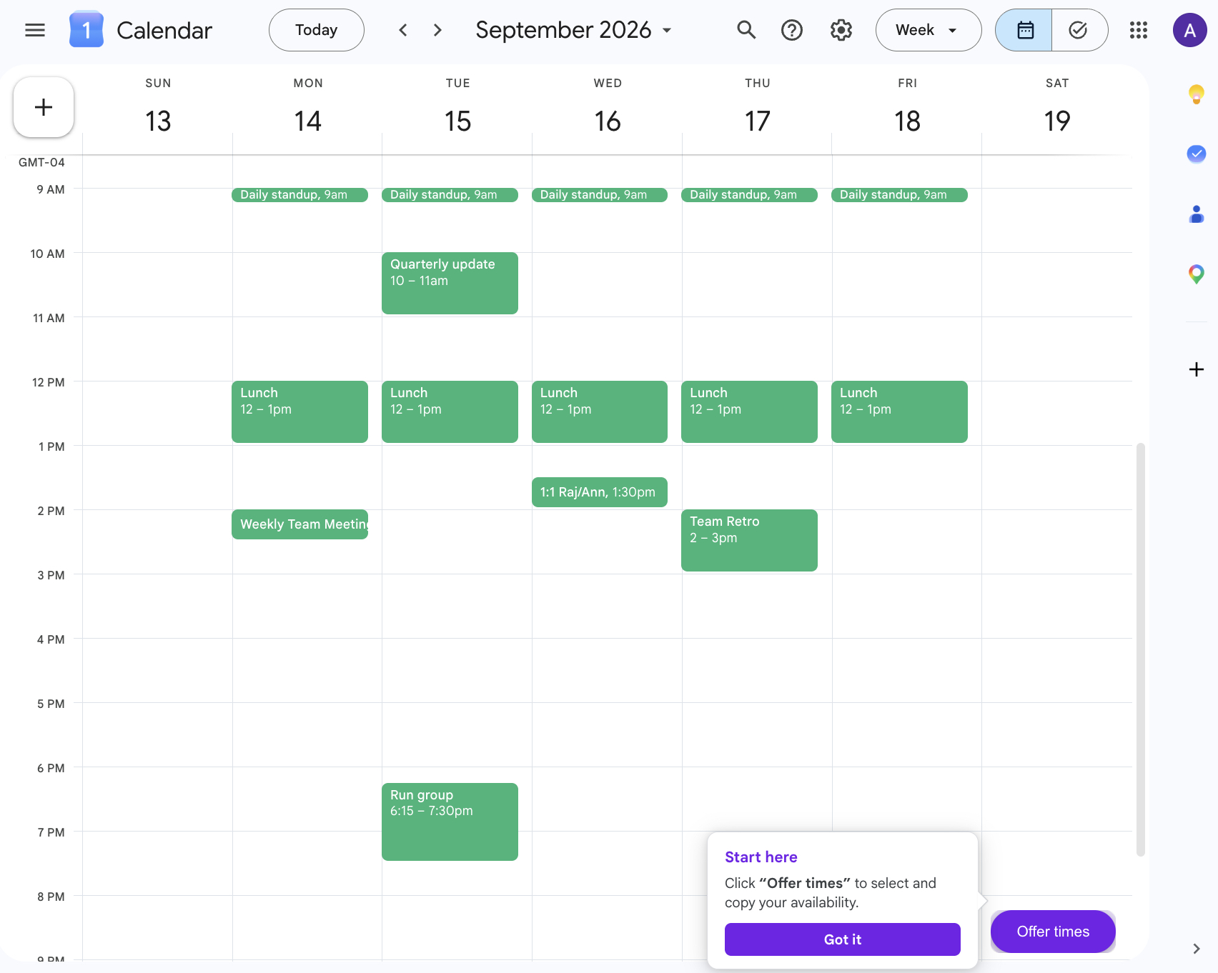 Google Calendar showing the Offer times button