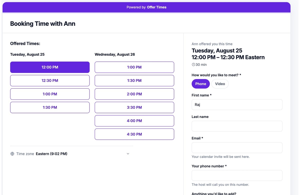 The Offer Times booking page showing offered times on the left and a form on the right where the guest picks Phone or Video and enters their details