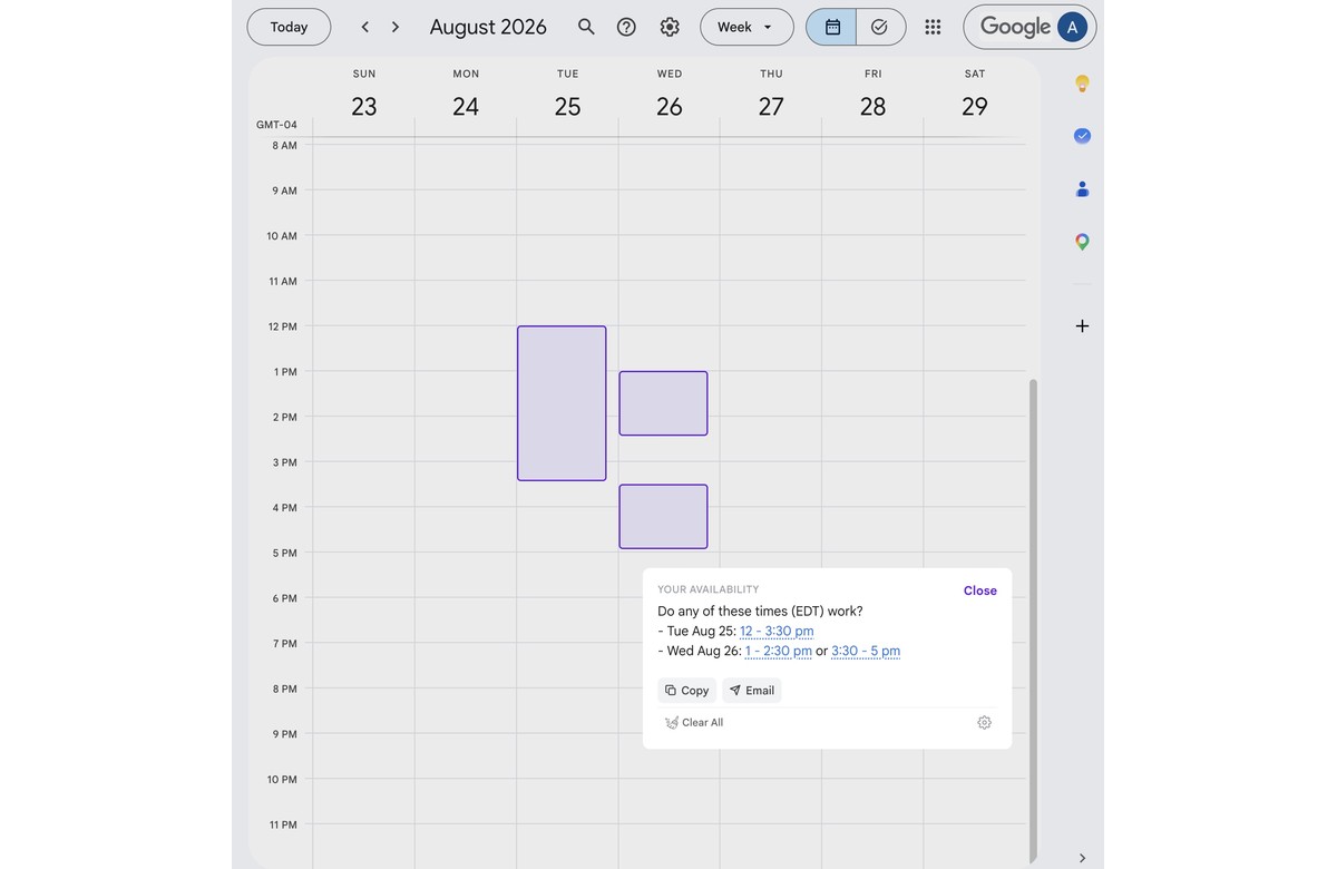 Google Calendar with selected time slots and the Offer Times panel showing the formatted availability text with Copy and Email buttons