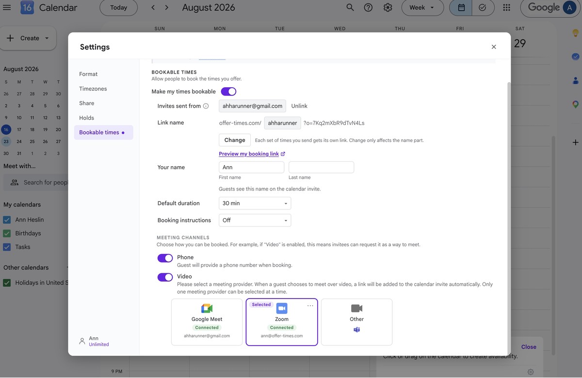 Offer Times settings showing the Meeting channels section with Video enabled and the Zoom tile marked Selected and Connected with the connected Zoom account email